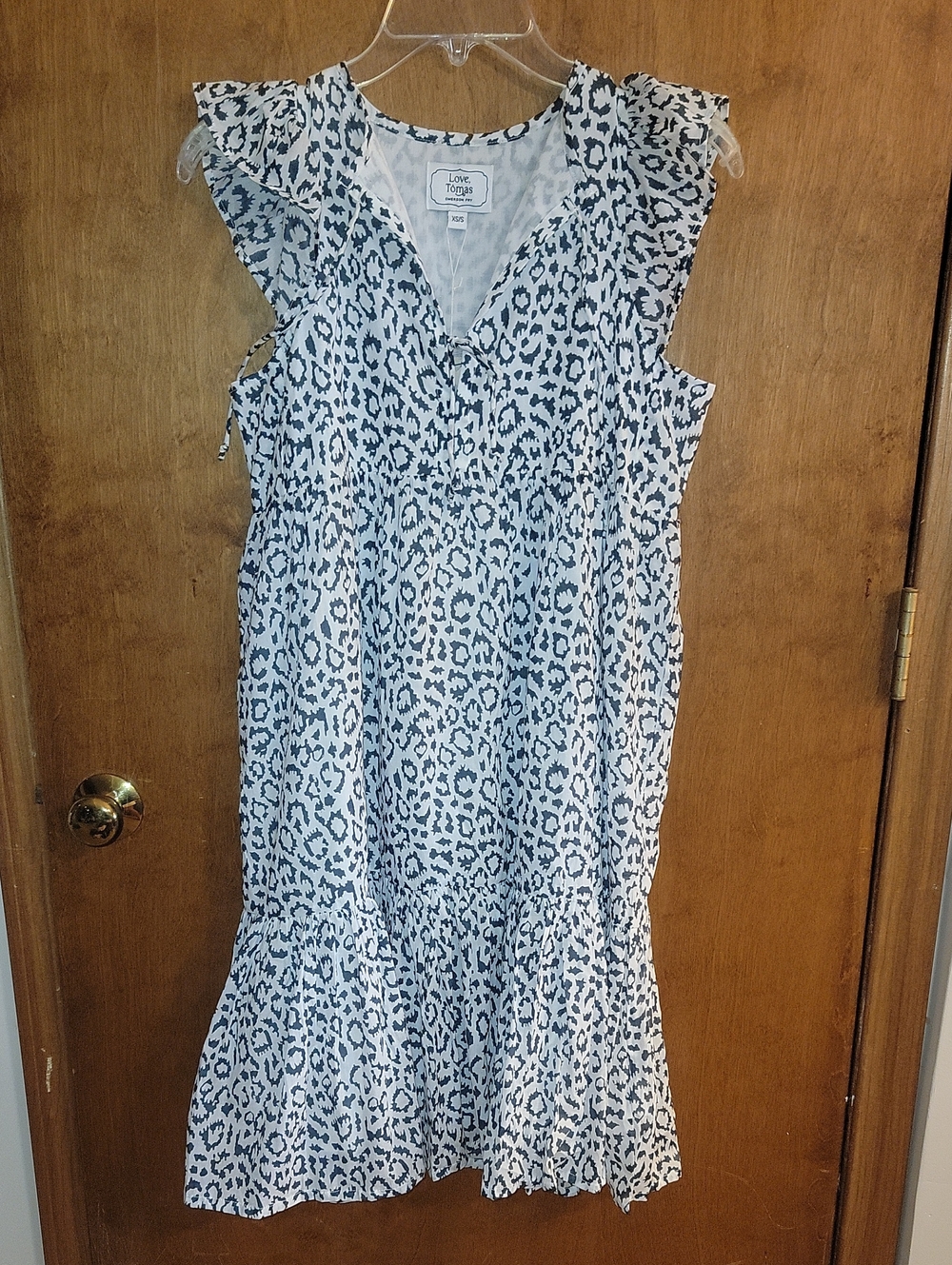 Love Tomas, Emerson Fry Fire White and Blue Print Ruffle Midi Dress